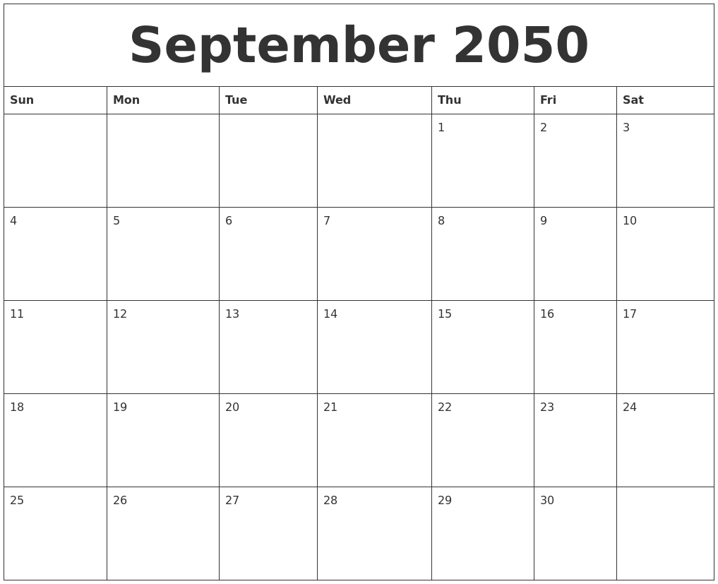 September 2050 Blank Calendar Printable