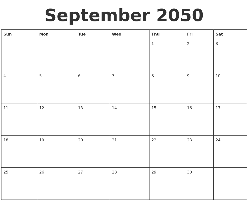 September 2050 Blank Calendar Template