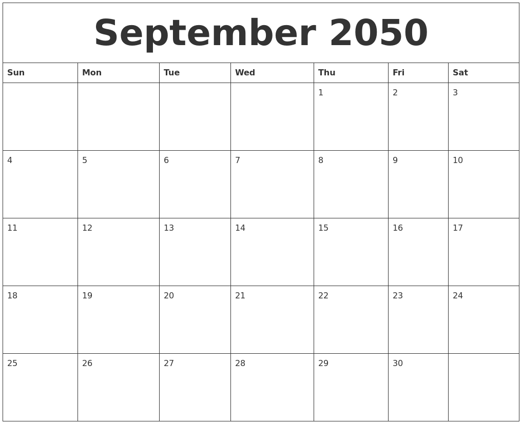 September 2050 Free Monthly Calendar Template