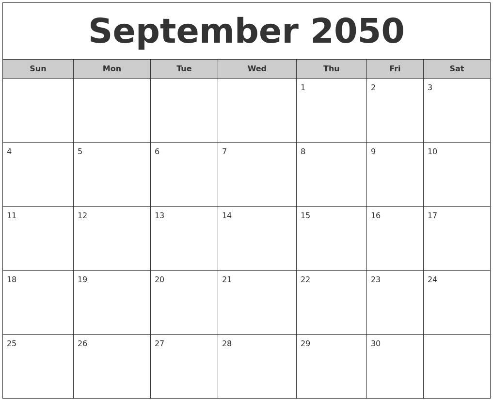 September 2050 Free Monthly Calendar