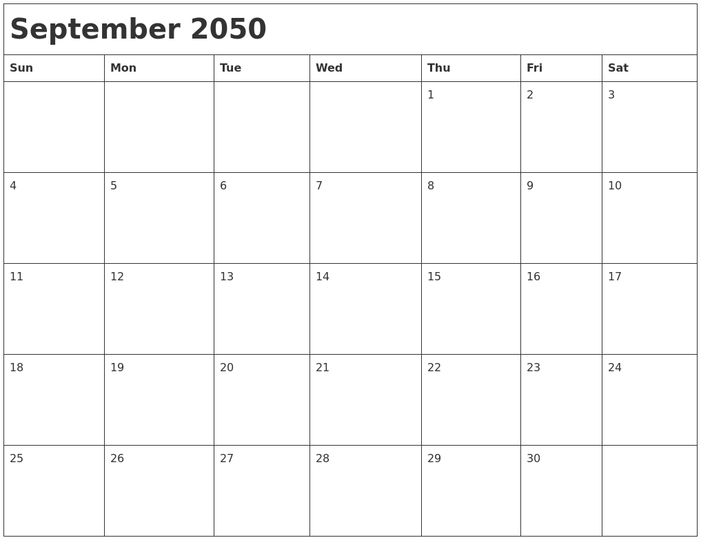 September 2050 Month Calendar