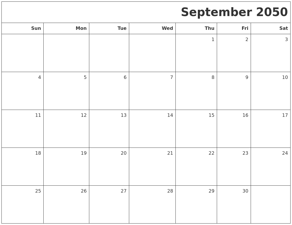 September 2050 Printable Blank Calendar