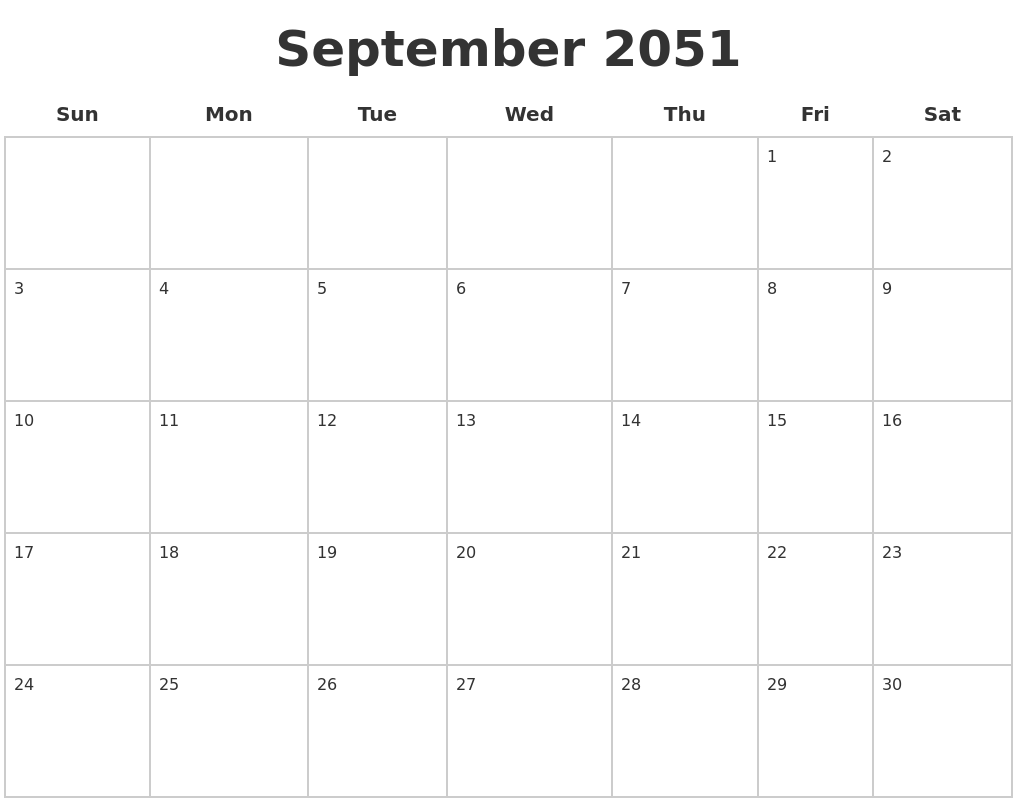 September 2051 Blank Calendar Pages