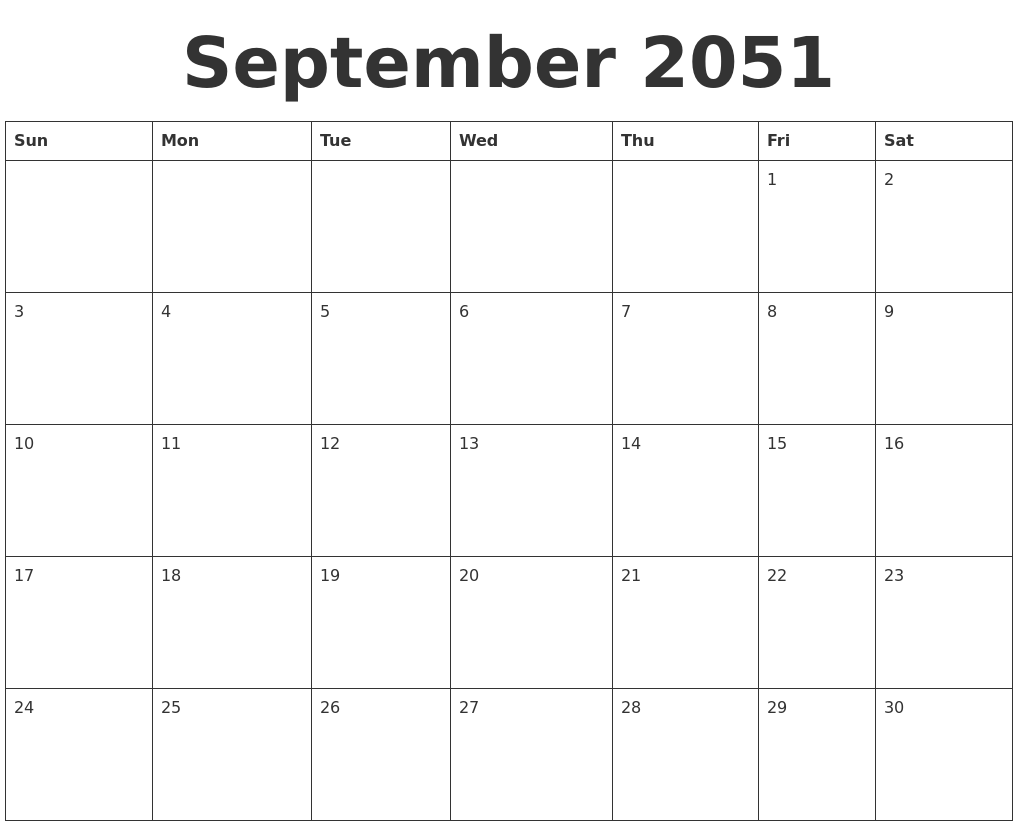 September 2051 Blank Calendar Template
