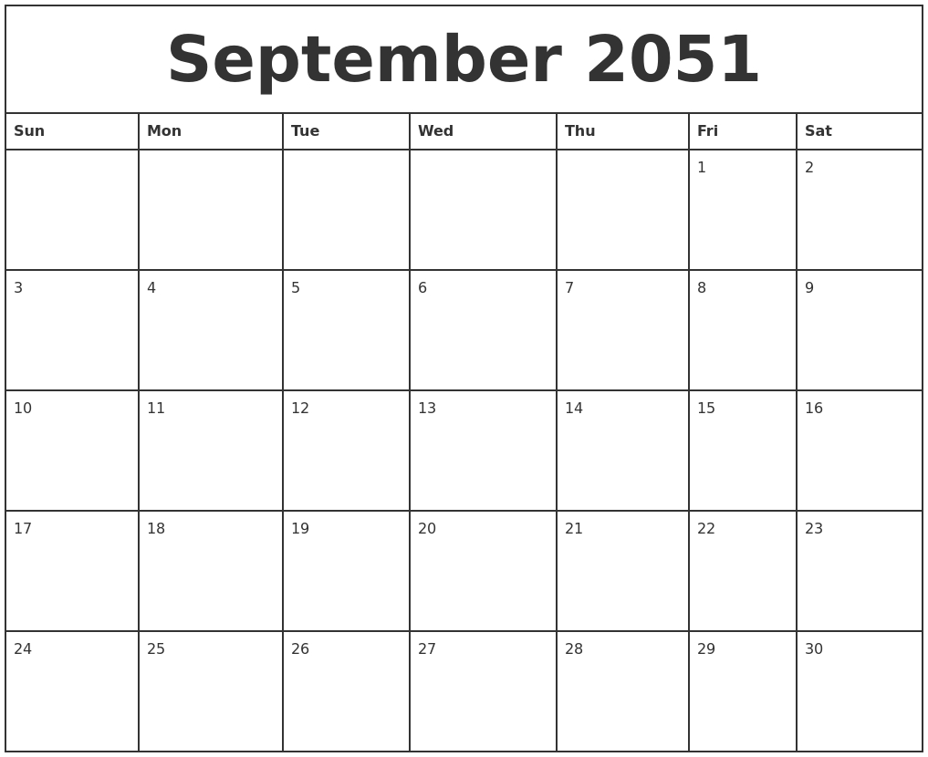 September 2051 Printable Monthly Calendar