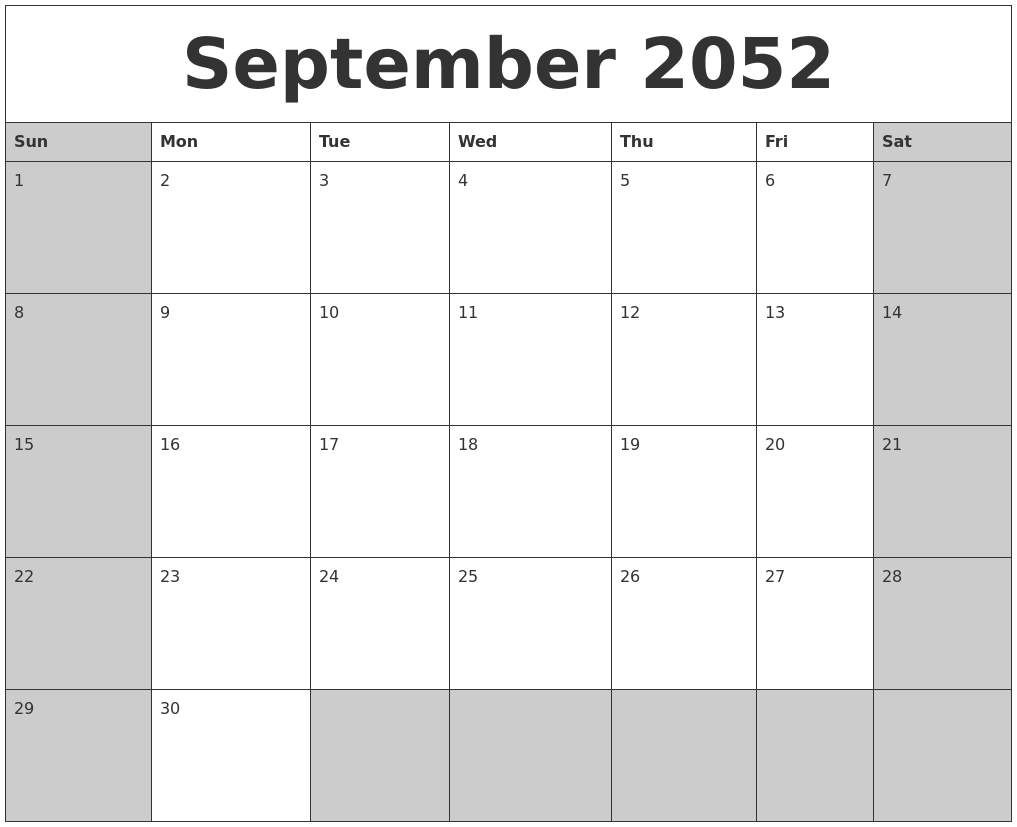 September 2052 Calanders