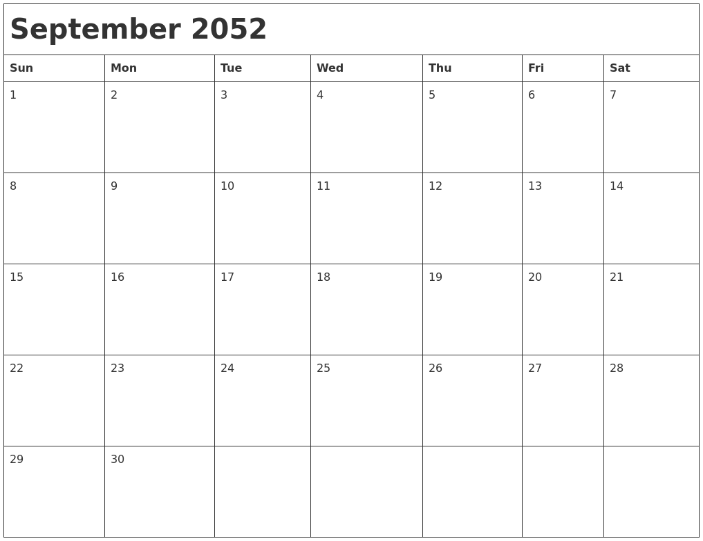 September 2052 Month Calendar