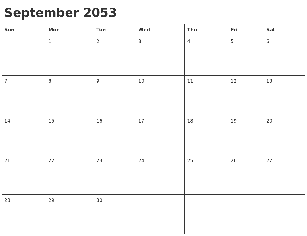 September 2053 Month Calendar