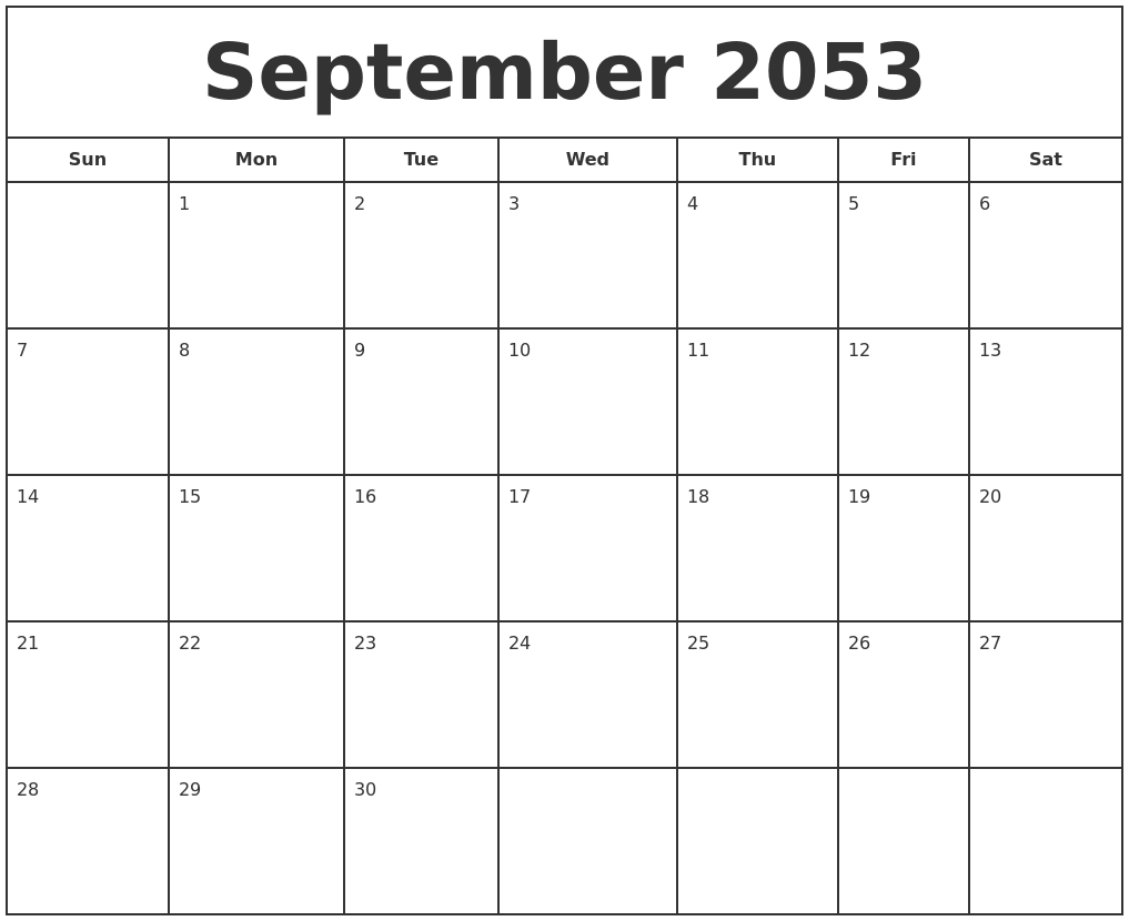 September 2053 Print Free Calendar