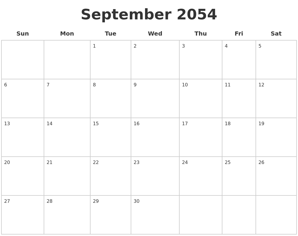 September 2054 Blank Calendar Pages