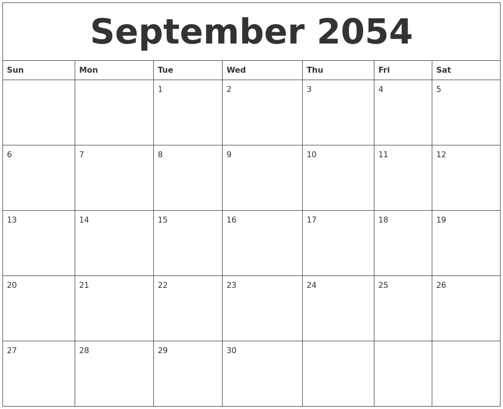 September 2054 Blank Calendar Printable