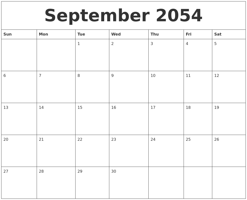 September 2054 Calendar For Printing