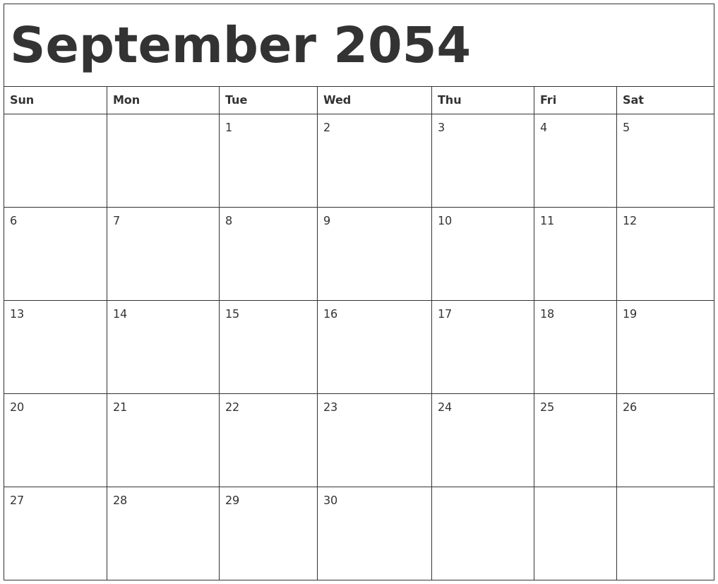 September 2054 Calendar Template