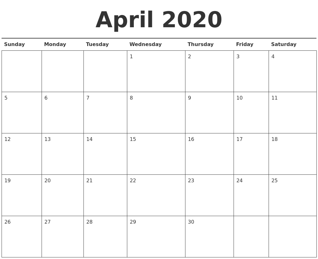 April 2020 Calendar Printable