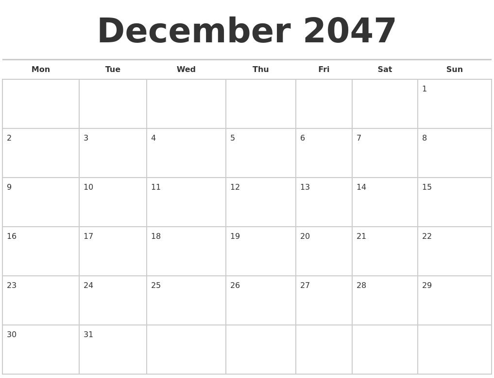 December 2047 Calendars Free