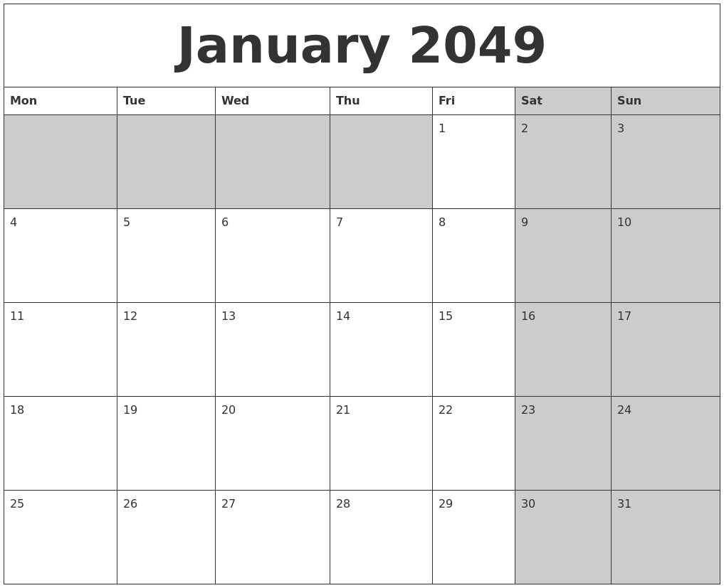 January 2049 Calanders