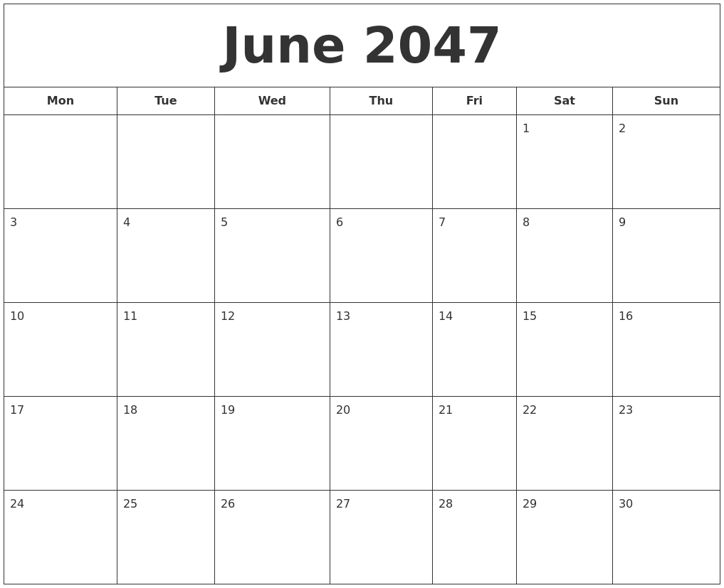 June 2047 Printable Calendar