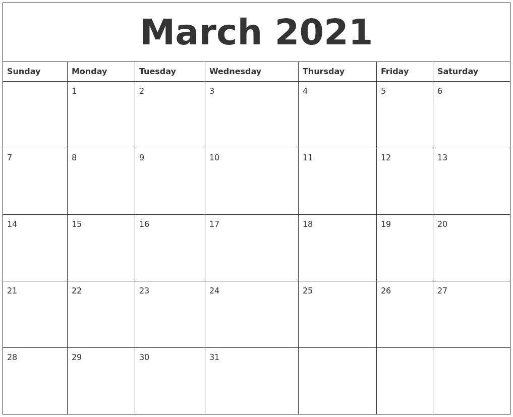 March 2021 Free Calendars To Print