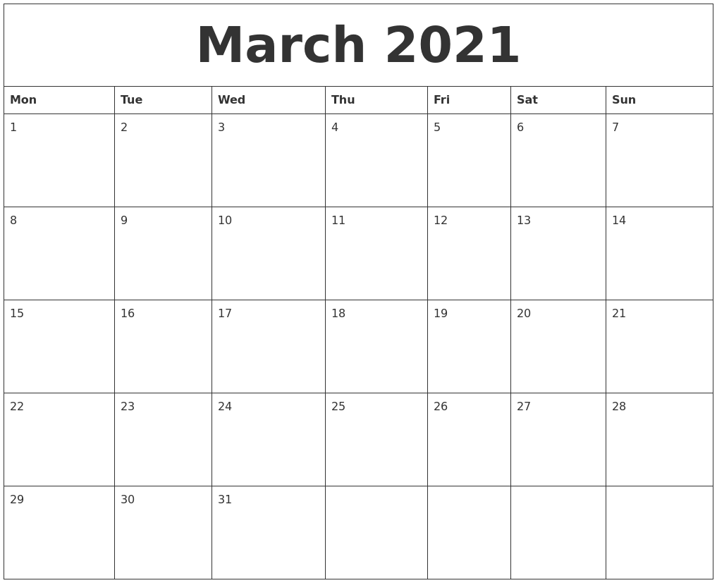 March 2021 Printable December Calendar